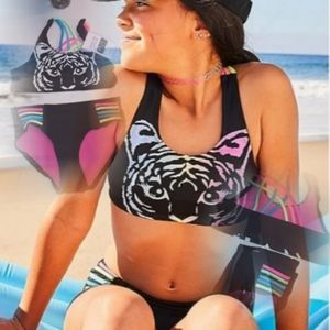 Girls UPF50+ black rainbow bikini Tiger Print